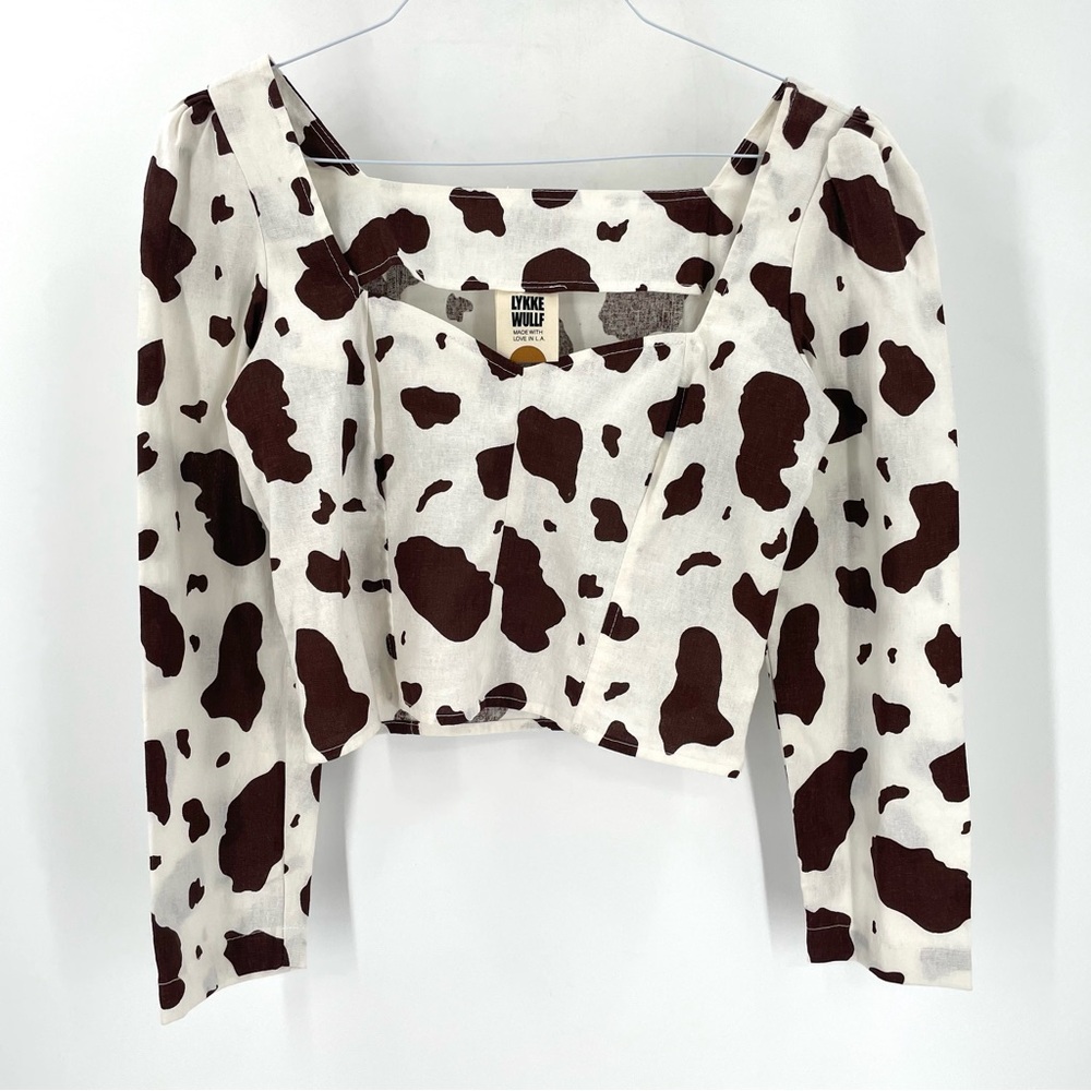 Luke Wullf Georgia Cow Print Sweetheart Neck Puff Long Sleeve Western Rodeo Top - Picture 4 of 9